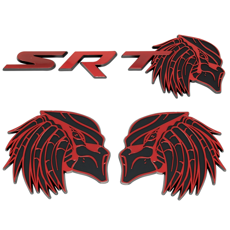 Red and Black Predator Emblem Product Closeup (Set of 3) for use on most cars including Dodge, Ford, Chevrolet, BMW, Audi, etc.