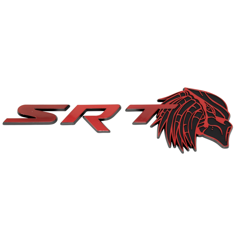 Red and Black SRT Predator Emblem Product Closeup for use on Dodge cars trucks SUVs