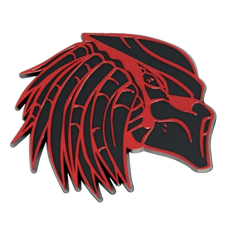 Red and Black Predator Emblem Product Closeup for use on most cars such as Dodge, Jeep, Chevy (chevrolet), BMW, Audi, etc