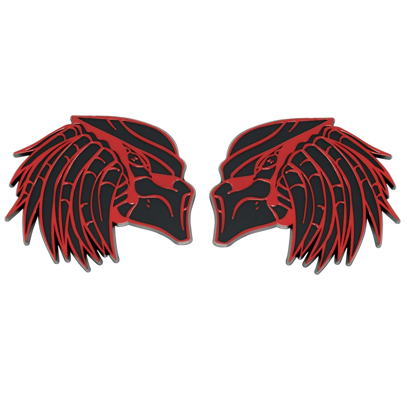 Red and Black Predator Emblem Closeup